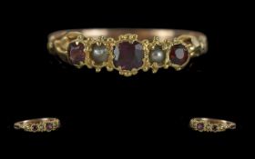 Early Victorian Period Pleasing and Attractive 18ct Gold Garnet and Seed Pearl Set Ring. Well Made