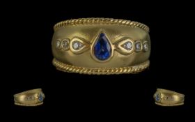 Etruscan - Design Classic Ladies 18ct Gold Band Ring, Set with Blue Sapphires and White Diamonds,