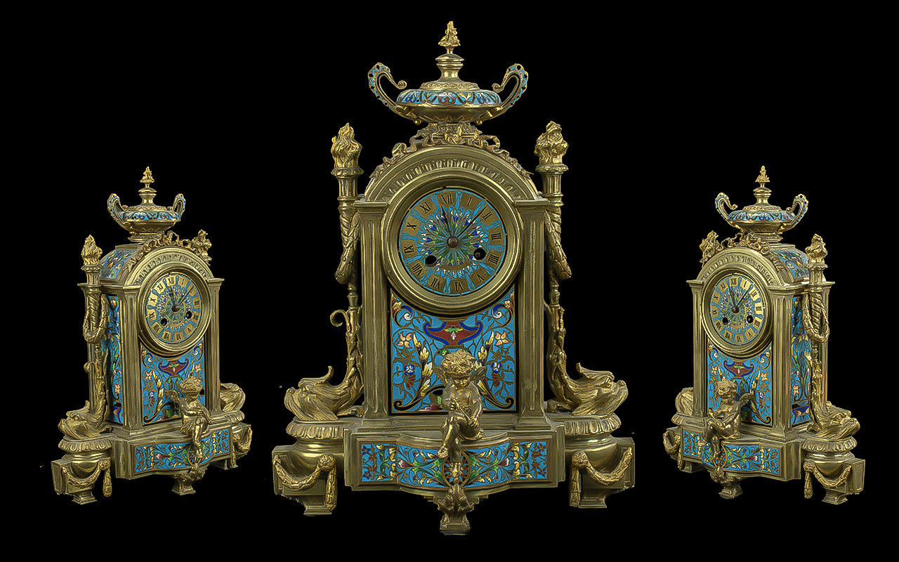 French 19th Century 8 Day Impressive Ormolu and Cloisonne Enamel Mantel Clock, Pendulum Driven, Very