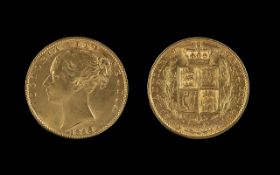 Queen Victoria 22ct Gold Shield Back Young Head Full Sovereign, date 1866. Die No. 52. Scratch on