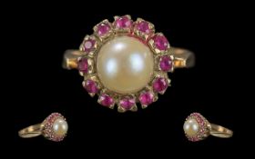 Ladies Attractive 9ct Gold Rubies and Pearl Set Ring. Full Hallmark to Interior of Shank, The