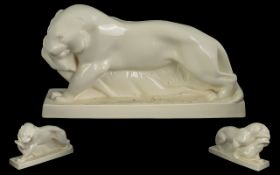 Wedgwood - Fine Large Porcelain Art Deco Period - Cream Glaze 'Walking Lion' Figure, Upon Integrated