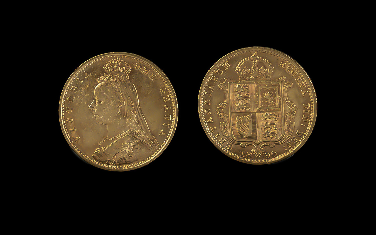 Queen Victoria 22ct Gold Jubilee Head Shield Back Half Sovereign, date 1890. Good grade.