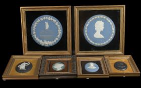 Collection of Wedgwood, to include four framed medallions, Queen Victoria, Beethoven, classical,
