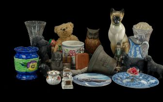 Box of Collectibles, including tall glass vases, Maling Ware pansy decorated vase, black labrador