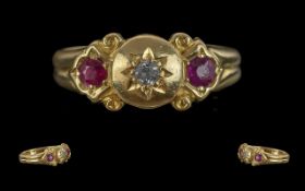 Antique Period Attractive 18ct Gold Ruby and Diamond Set Ring, Pleasing Design. Full Hallmark to