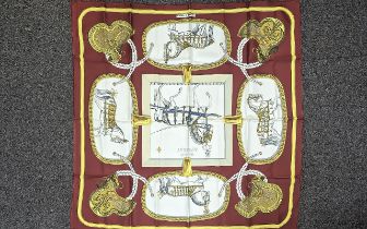 Hermes Silk Scarf 'Grand Apparat', Equestrian items and horses with red border on white