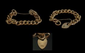 Antique Period Superb 9ct Gold Curb Bracelet with 9ct heart shaped padlock and safety chain all