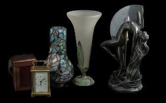 Box of Collectibles including Art Deco style lamp, modern vase by Barclay and Bodie, coloured mosaic