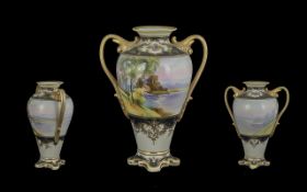 Noritake Hand Painted Large - Impressive Twin Handle Vase. c.1920's. Decorated with Lake Scene,