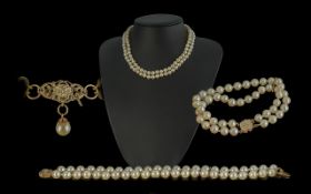 Ladies 14ct Gold Strap 2 Stranded Cultured Pearl Necklace with Matching 14ct Gold Cultured Pearl