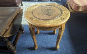 Carved Round Lamp Table with Glass Top, raised on four turned legs, measures 20'' diameter x 22''