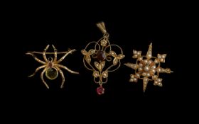 Edwardian Period Fine Trio Of Gem Set Brooches, marked for 18ct, 9ct and 12ct, comprises 1/ 12ct