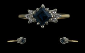 9ct Gold Sapphire & Diamond Set Ring, weight 2.0 grams, Ring Size M. Diamond shape sapphire with