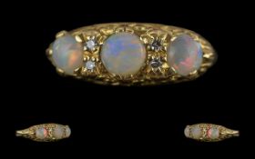 Victorian Period 1837 - 1901 Excellent 18ct Gold Opal and Diamond Set Ring in ornate setting, full