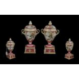 Noritake - Fine Pair of Hand Painted Twin Handle Lidded Porcelain Trophy Style Vases. Each with