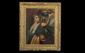 Oil on Board Early Italian Oil Painting of Lady holding basket of fruit, housed in an elaborate