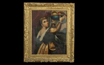 Oil on Board Early Italian Oil Painting of Lady holding basket of fruit, housed in an elaborate