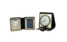 Silver Travel Clock in Leather case, made by Carrs, together with a small silver clock and picture