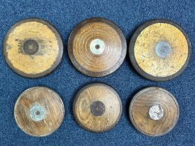 Sports Interest - Six Vintage Wooden Discus, three large and three small.