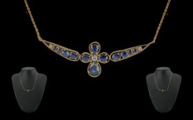 Ladies Attractive and Pleasing 9ct Gold Sapphire and Diamond Set Necklace - Marked 9ct. Excellent