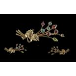 A Fine Quality 9ct Gold Gem Set Flower Bouquet Brooch, Marked 9ct, Set with Peridot, Aquamarine