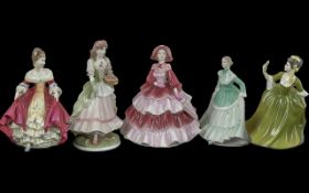 Collection of Five Lady Figurines, comprising Coalport Daphne, Worcester The Queen of the May (
