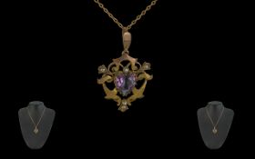 9ct Gold Amethyst & Seed Pearl Pendant. Antique pendant set with heart shaped Amethyst and seed