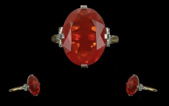 A 1920's Excellent Quality 18ct Gold Single Stone Orange Fire Opal Set Ring. With Diamond Set