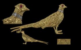 Queen Elizabeth II Superb 18ct Gold Pheasant Bird Brooch - Collar Of Bird Set With Diamonds. Ruby