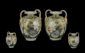 Noritake - Fine Pair of Hand Painted and Decorated Twin Handle Globular Shaped Vases. Decorated with