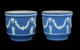 Wedgwood Victorian Period Pair of Blue Jasper Ware Jardinieres decorated with raised Classical