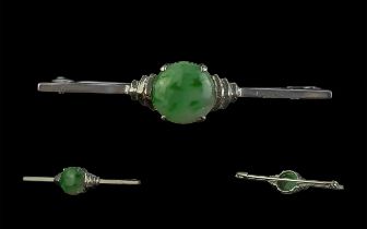 9ct White Gold Jade Set Brooch - with a Central Green Jade Stone, length 14mm.