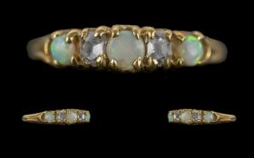 Antique Period - Attractive 18ct Gold Diamond and Opal Set Ring. Tests High Ct Gold. The Opals of