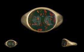 Antique Period Superior Quality 18ct Gold Bloodstone Set Seal Ring, monogrammed, marked 18ct to