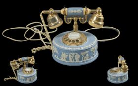 Wedgwood - Vintage Jasper Ware Powder Blue Astral Telephone, Embellished In Gold Paint Highlights