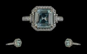 Ladies - 18ct White Gold Pleasing Quality Aquamarine and Diamond Set Dress Ring. Full Hallmark to