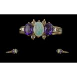 Ladies - Attractive 9ct Gold Opal, Amethyst and Diamond Set Ring of Pleasing Design. Full Hallmark