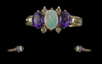 Ladies - Attractive 9ct Gold Opal, Amethyst and Diamond Set Ring of Pleasing Design. Full Hallmark