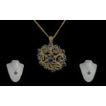 Ladies - Ornate / Attractive 9ct Gold Circular Sapphire Set Brooch and Pendant with Attached 9ct