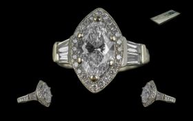 A Stunning Ladies Modern Design 18ct White Gold Diamond Set Dress Ring - The Central Marquise Cut