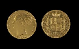 Queen Victoria 22ct Gold Shield Back Young Head Full Sovereign, date 1866. Lightly cleaned on