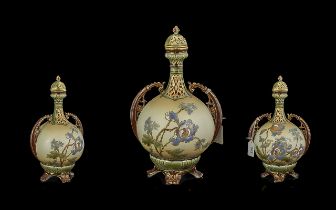 Ernst Wahliss Vienna Hand Painted Twin Handle Bulbous Persian Style Vase. c.1900. Decorated In