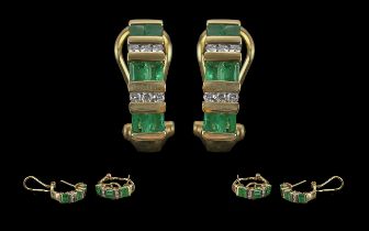 Ladies - Excellent Quality 14ct Gold Pair of Earrings Set with Emeralds and Diamonds In a Semi-