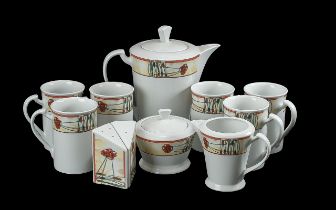 Rennie Mackintosh Porcelain Coffee Set comprising coffee pot, 6 mugs, salt and pepper, milk jug