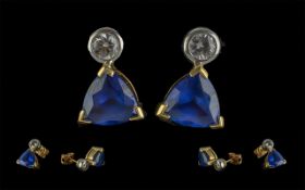Ladies Fine Quality Pair of 18ct Gold Tanzanite and Diamond Set Earrings. Each Marked 750 - 18ct.