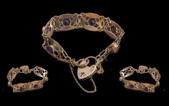 Art Nouveau Edwardian Period 1902 - 1910 9ct Gold Open Worked Bracelet Set with Amethysts of