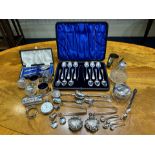 Mixed Lot of Silverware to include boxed set of 12 silver teaspoons and sugar nips, christening