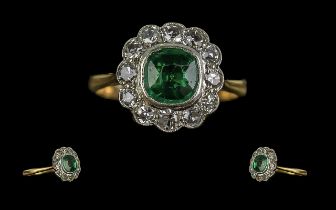 Antique Period Attractive Ladies 18ct Gold & Platinum Diamond & Emerald Set Cluster Ring. Marked