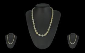 Early 20th Century Excellent Jade and Pearl Graduated Beaded Necklace with 9ct Gold Clasp, Excellent